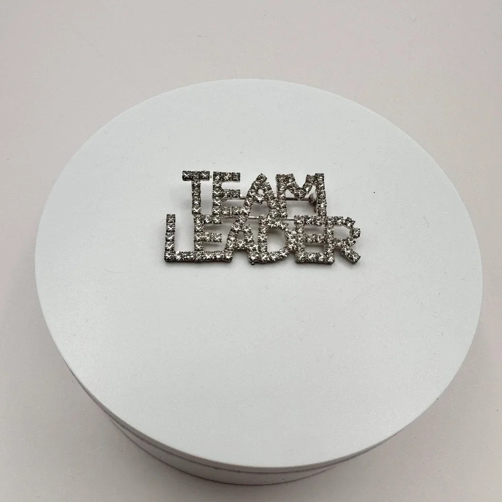 Vintage 80s Silver Tone Rhinestone‎ Team Leader Word Figural Brooch Pin Jewelry